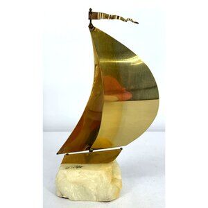 DeMott Sailboat Sculpture Brass Copper Onyx Base Signed 8" Nautical Decor